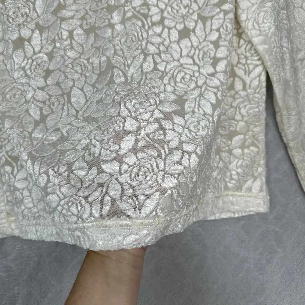 Y2K Mock Neck Long Sleeve Top Womens Large Ivory Velvet Burnout Fairygrunge 90s